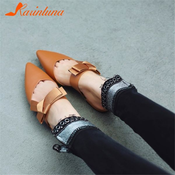 

karinluna new 2019 cow leather pointed toe classics chic mules woman shoes slip on bowtie shoes woman pumps mules, Black