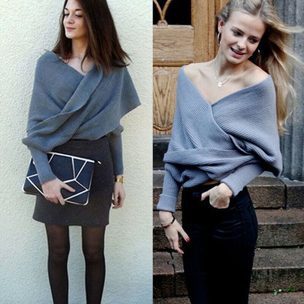 

women v-neck wrap sweaters chunky knitted sweater off shoulder long sleeve female loose oversized scarf, White