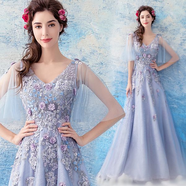 

2019 lavender tulle a line short sleeves prom dress with 3d floral applique v neck evening party gowns special occasion dresses, White;black