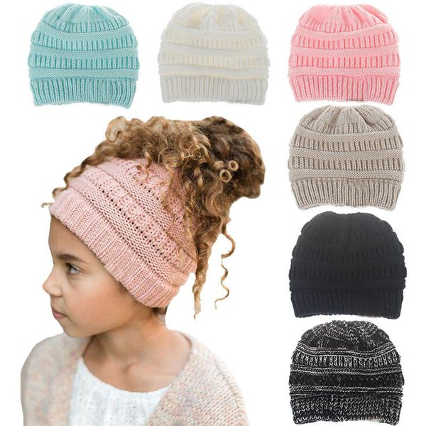 

kids ponytail caps winter knit beanie crochet hats girls boy designer back hole pony tail beanie label soft slouchy knit ski cap, Yellow