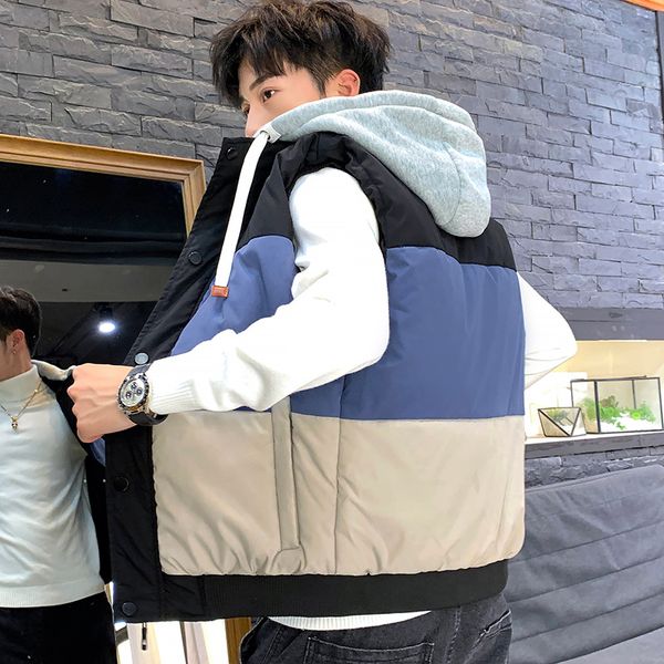 

winter vest men cotton down vests sleeveless jacket thermal outerwear detachable hood fashion coat man slim clothes coats, Black;white
