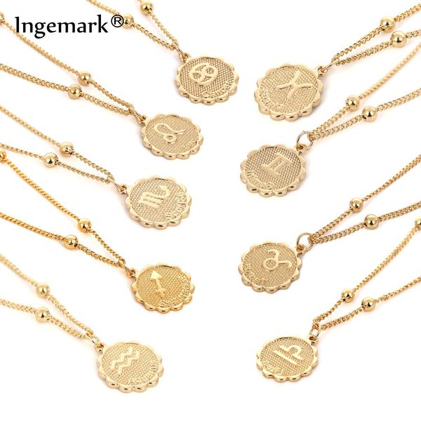 

ingemark 12 zodiac constellation carve coin pendant necklace simple copper leo beads clavicle chain necklace couple jewelry, Silver