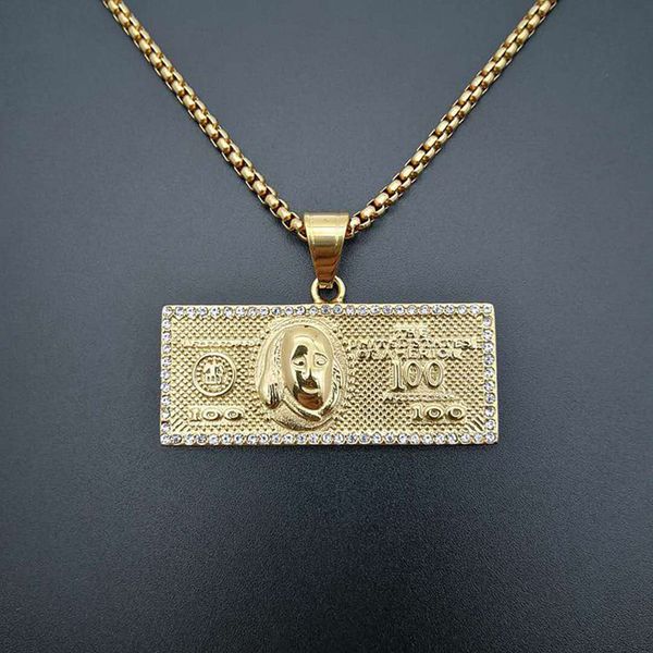 

hip hop rhinestones paved bling iced out geometric sqaure stainless steel 100 dollars pendants necklaces for men rapper jewelry, Silver