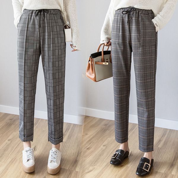 

women leggings womens pants 2019 summer new fashion female vintage classic women plaid pants elastic waist loose harem trousers pantalon, Black;white