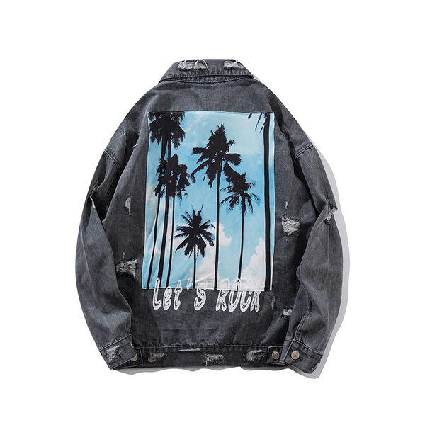 

vintage coconut tree sunset printed jackets man's high streetwear ripped frayed cotton jacket coats hip hop men denim jacket, Black;brown