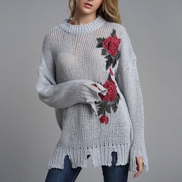 

loose knitted long sweaters woman floral print long sleeve o-neck embroidered knitted pullover blouse irregular oversize pull, White;black