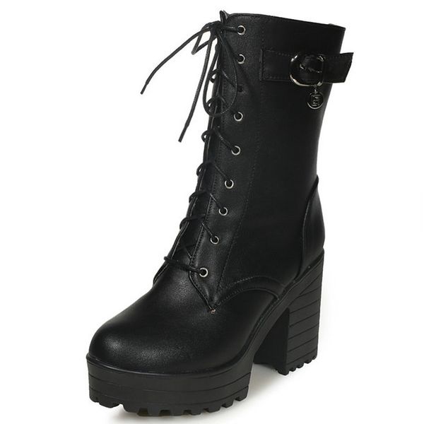 

b2-0 size 33-43 female zips winter mid-calf boots women platform thick heels shoes lady cross-tied shoes woman 9cm heels, Black