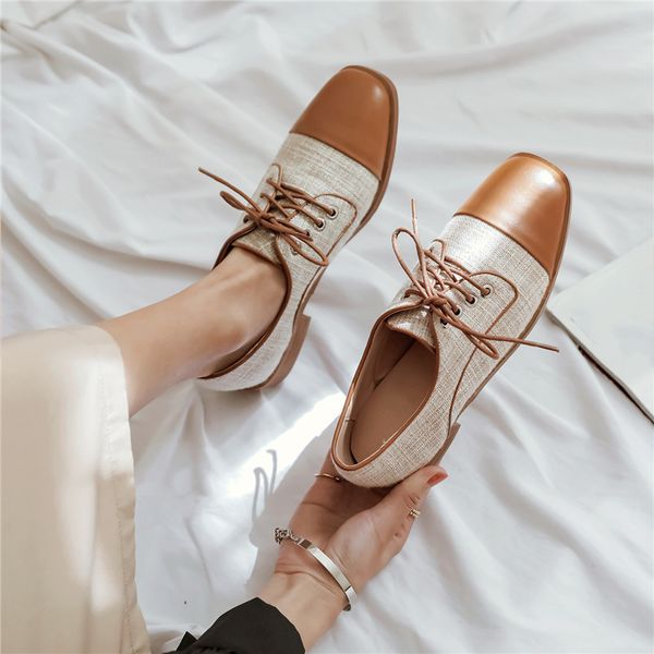 

2020 spring low heel oxford shoes for women black brown weave plaid ladies chunky heels woman shoes lace up pumps 43 42