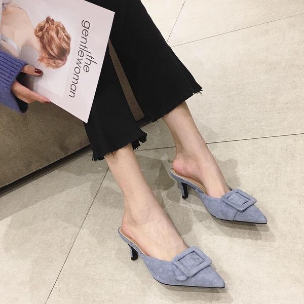 

leisure fashion elegant slippers solid buckle flock closed toe slides summer closed toe med thin heels shoes, Black