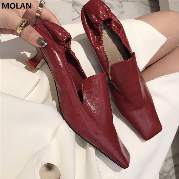 

molan 2020 new good quality square toe pleated leather kitten heels lady pumps 2 ways wearings shoes women, Black