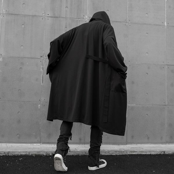 

men hollow out sleeve punk gothic streetwear hip hop black outerwear loose long hooded trench coat cardigan male windbreaker, Tan;black