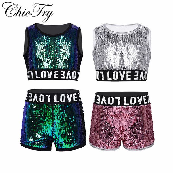 

fashion children kids girls hip-hop jazz performance costumes dancing clothes sequin sleeveless crop with shorts set outfits, Black;red