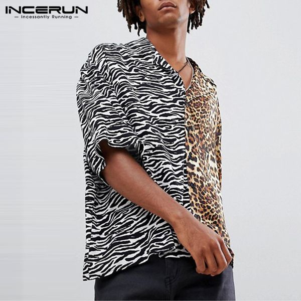 

incerun summer fashion animal leopard print men shirt lapel neck short sleeve patchwork casual men shirt streetwear camisa 2019, White;black