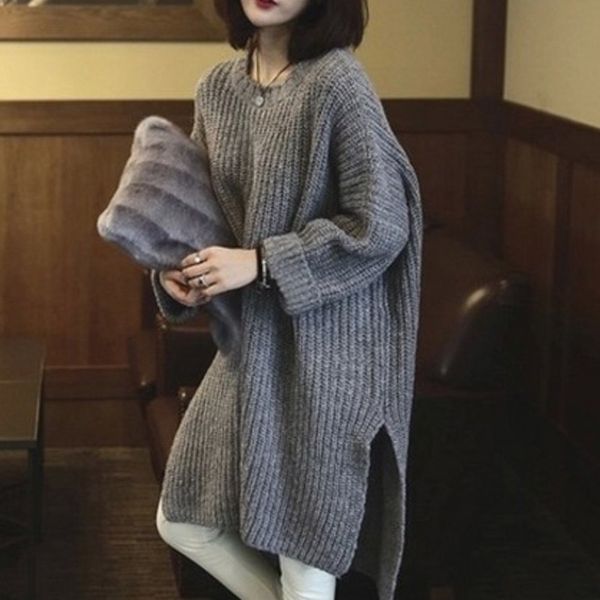 

women casual sweater long sleeve knitted round neck slim long sweater, White;black