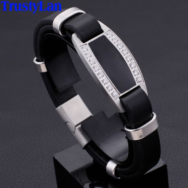 

genuine leather man bracelet male gold/silver color stainless steel mens bracelets & bangles with cz wrap bracelet men jewelry, Golden;silver