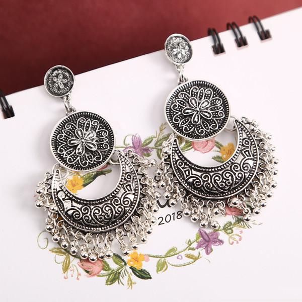 

2019 dream catcher hollow out vintage leaf feather dangle earrings for women bohemia style earring indian jewelry, Silver