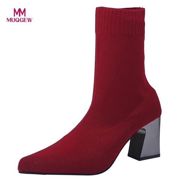 

fashion shoes women stretch fabric boots ladies pointed toe high heel shoes middle tube stretch fabric boots slip-on boot, Black