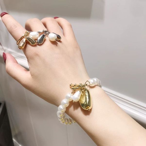 

fashion girl gift metal ring for women jewelry geometric round ring street shoot accessories imitation pearl female bijoux, Slivery;golden