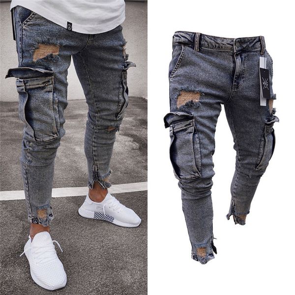 

long pencil pants ripped jeans slim spring hole 2018 men's fashion thin skinny jeans for men hiphop trousers clothes clothing, Blue