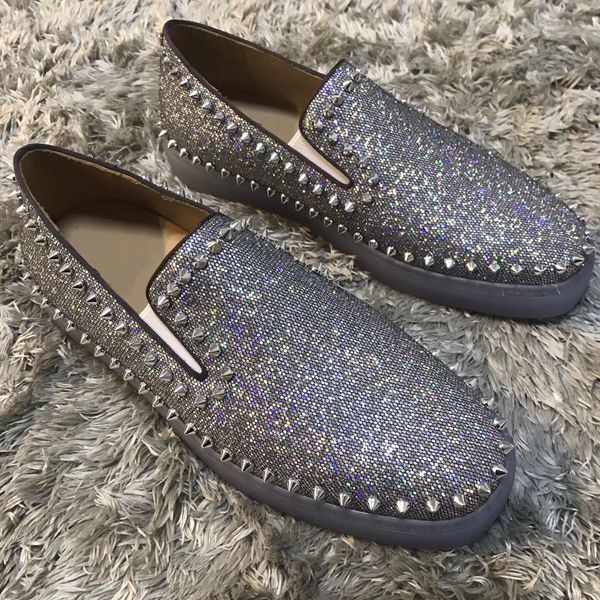 

new style glitter with spikes loafers shoes gentleman red bottom designer spring/autumn men leisure flat party wedding walking shoes eu35-46, Black