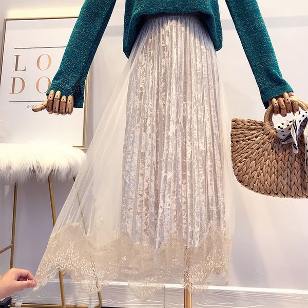 

designer long skirt new spring women super fairy lace spliced velvet skirt autumn tulle long pleated skirt falda mujer saias, Black