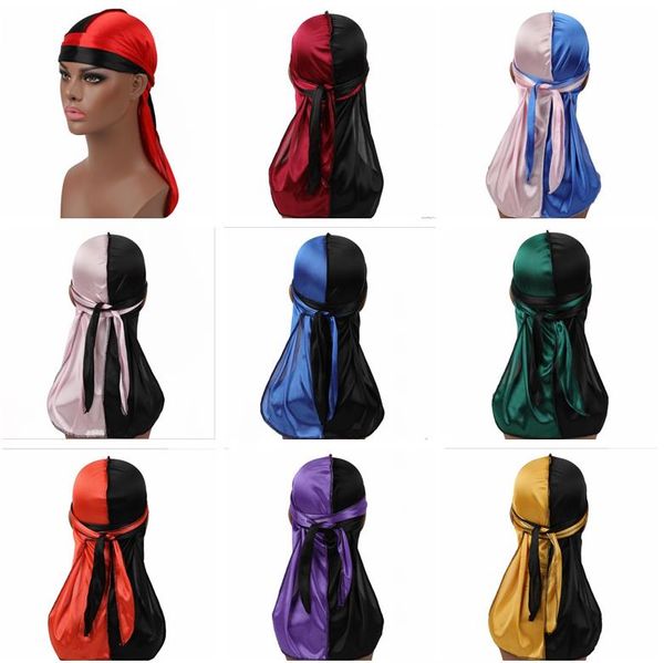 

hip-hop two tone men and women silky durag cap long tail chemo 360 waves du-rag hat factory sale, Blue;gray