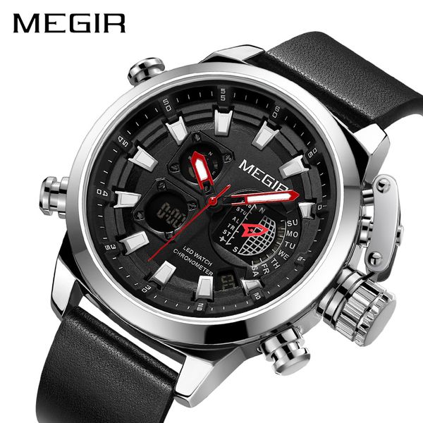 

megir dual display sport watch for men digital analog quartz watch clock man watches relogio masculino reloj hombre, Slivery;brown