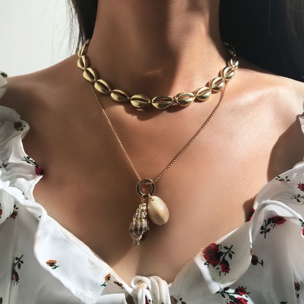 

kmvexo bohemian fashion gold conch shell pendants necklace set big seashell ocean collar boho choker necklace party jewelry 2019, Golden;silver