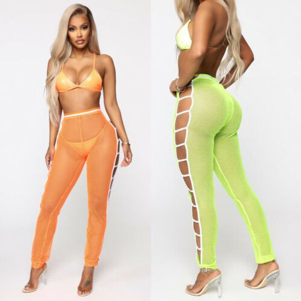 

uk women mesh long pant slim leggings trouser sheer party cocktail swimwear crochet mesh summer elastic high waist, Blue;gray