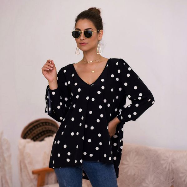 

women autumn winter blouse fashion v-neck long sleeve lace-up dot printing fashion loose ladies, White