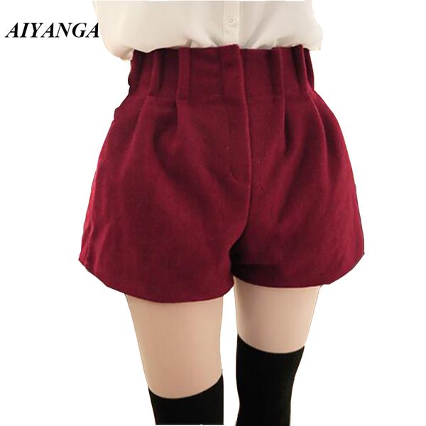

aiyanga fashion women woolen shorts 2018 autumn winter elastic waist big size loose wind leg shorts solid color red green black, White;black