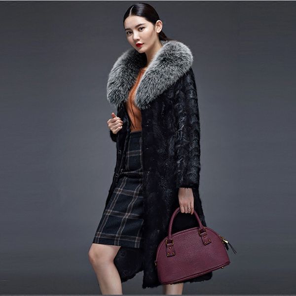 

ladies faux fur coat fashion large size jacket female long high-end imitation fur collar stitching black winter coat 359