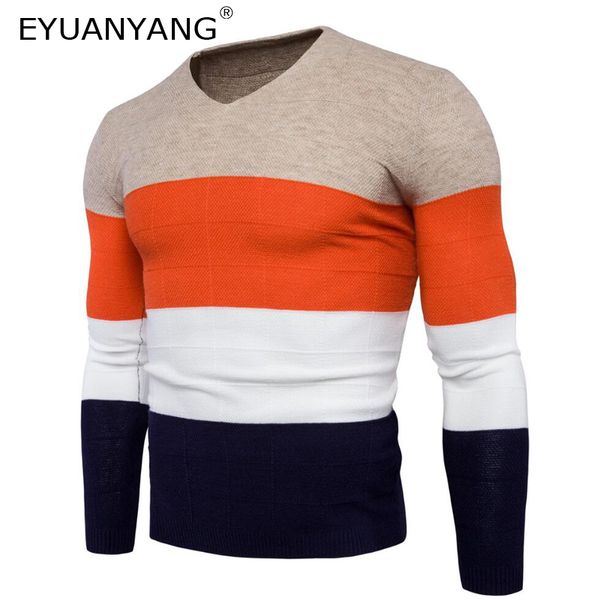 

eyuanyang sweater men stripe slim v-neck brand stitching color sweater autumn winter simple pullover men warm knitwear xxl, White;black