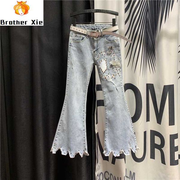 

high waist beads printed ripped jeans women 2020 spring autumn new korean-style ins tassels pants ladies flare pants jeans, Blue