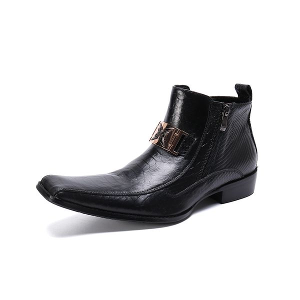 

black genuine leather men short boots metal decoration square toe men ankle boots side zipper slip on men's fashion