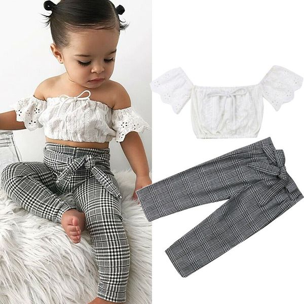 

2019 toddler kid baby girl summer clothes set fashion 2pcs short sleeve off shoulder lace plaid pants leggings outfits baby clothes, White
