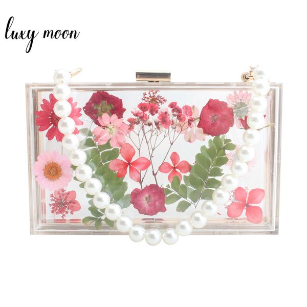 

transparent handbag women's wedding clutch bag elegant flower shoulder bag acrylic evening with pearl chain zd1555