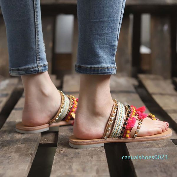 

bohemian ethnic style flat shoes female sandals rhinestone sandals beach slipper summer slippers women 2019 flip flops women c23, Black