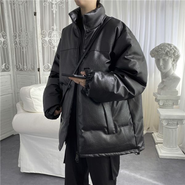 

winter thick leather jacket men's warm parka men fashion cotton stand collar leather coat man streetwear motorcycle jacket mens, Black