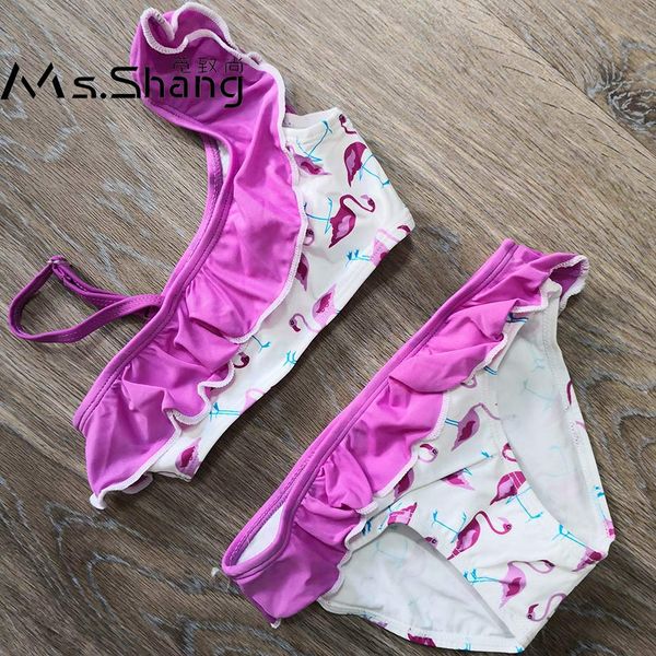 

cartoon baby girl swimsuit kids swimwear flamingo two piece children swim wear teenager girl bikini one shoulder bathing suit