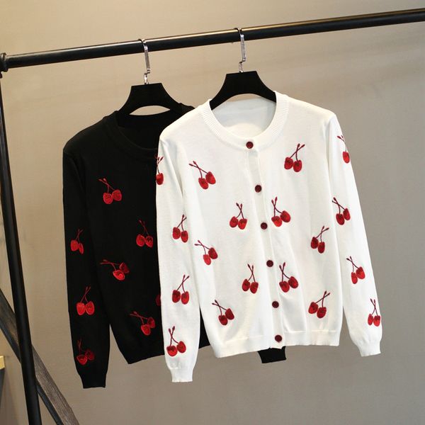 

bygouby chic women cardigan sweater 2019 cherry printing slim ladies knitted sweater long sleeve ladies jacket fashion coat, White