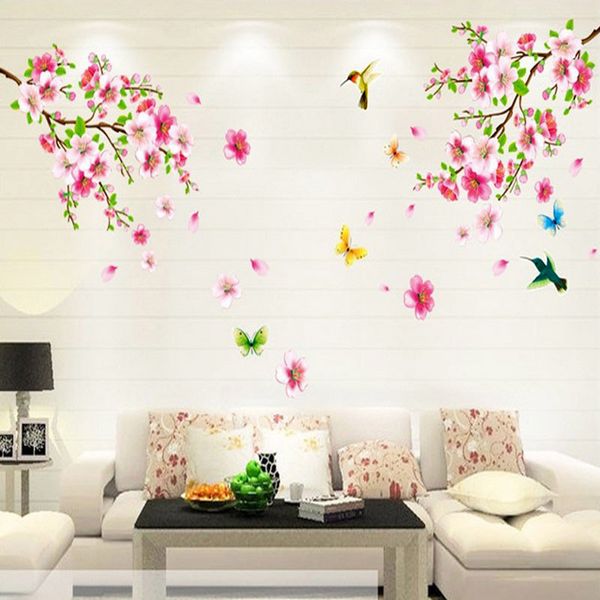 

fashion 1set 60x90cm pink peach blossom butterfly bird wall sticker tv background decoration home decor accessories