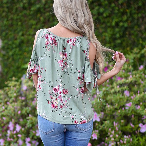 

women's ladies party summer fashion blouse cold shoulder floral print, White
