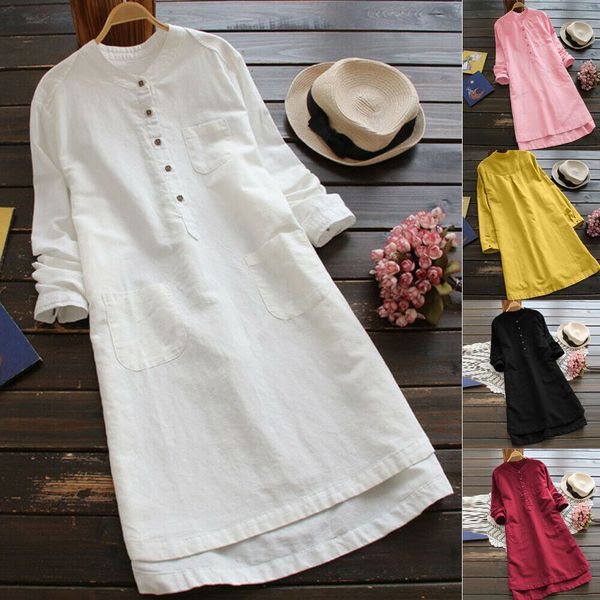 

2019 new style fashion women's button long blouse ladies summer beach shirt dress plus size 6-24, White