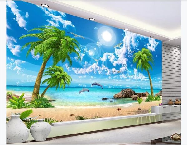 Personalizadas 3d murais de fotos de seda wallpaper HD belo sonhador seascape coqueiro paisagem da praia que pintam a parede de fundo TV