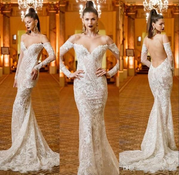 

long sleeve berta mermaid wedding dresses 2019 elegant off shoulder backless lace applique beach wedding dress sweep train bridal gowns, White