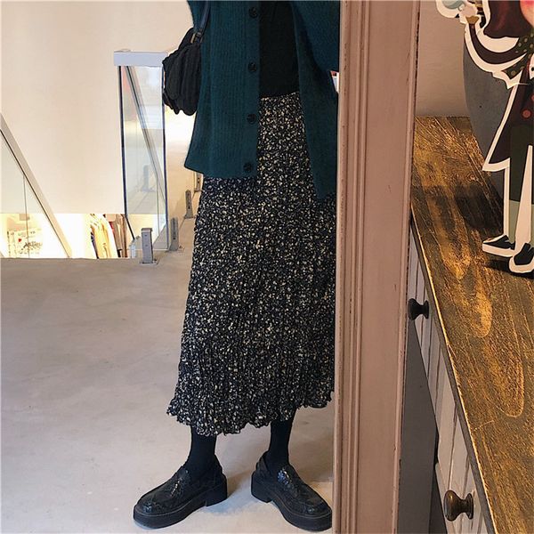 

skirts alien kitty 2021 floral pleated chiffon feminine skirt autumn high waist elegant streetwear quality office lady, Black
