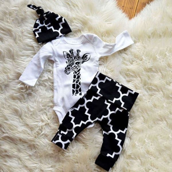 

3pcs newborn baby boys clothes cotton deer long sleeve romper+ pants +hat outfits clothes set, White