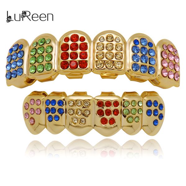 

lureen colorful teeth grillz bottom cz grills dental hip hop vampire teeth caps grill mouth body jewelry party, Slivery;golden