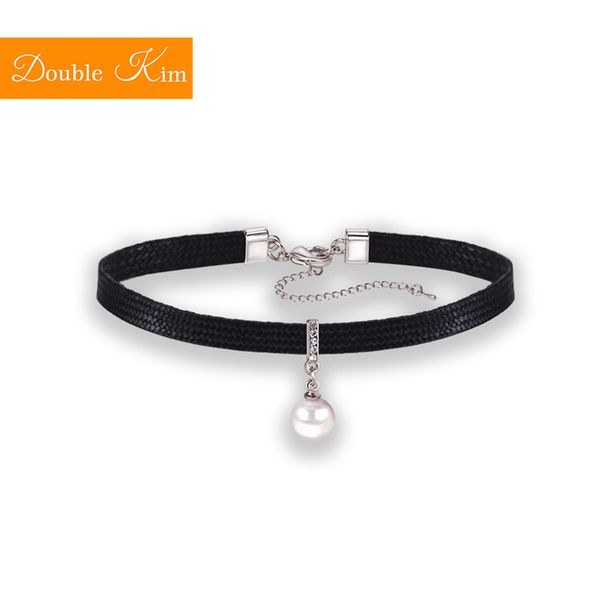 

simple pearl choker titanium stainless steel leather strap pearl european usa fashion trendy women jewelry gift, Silver